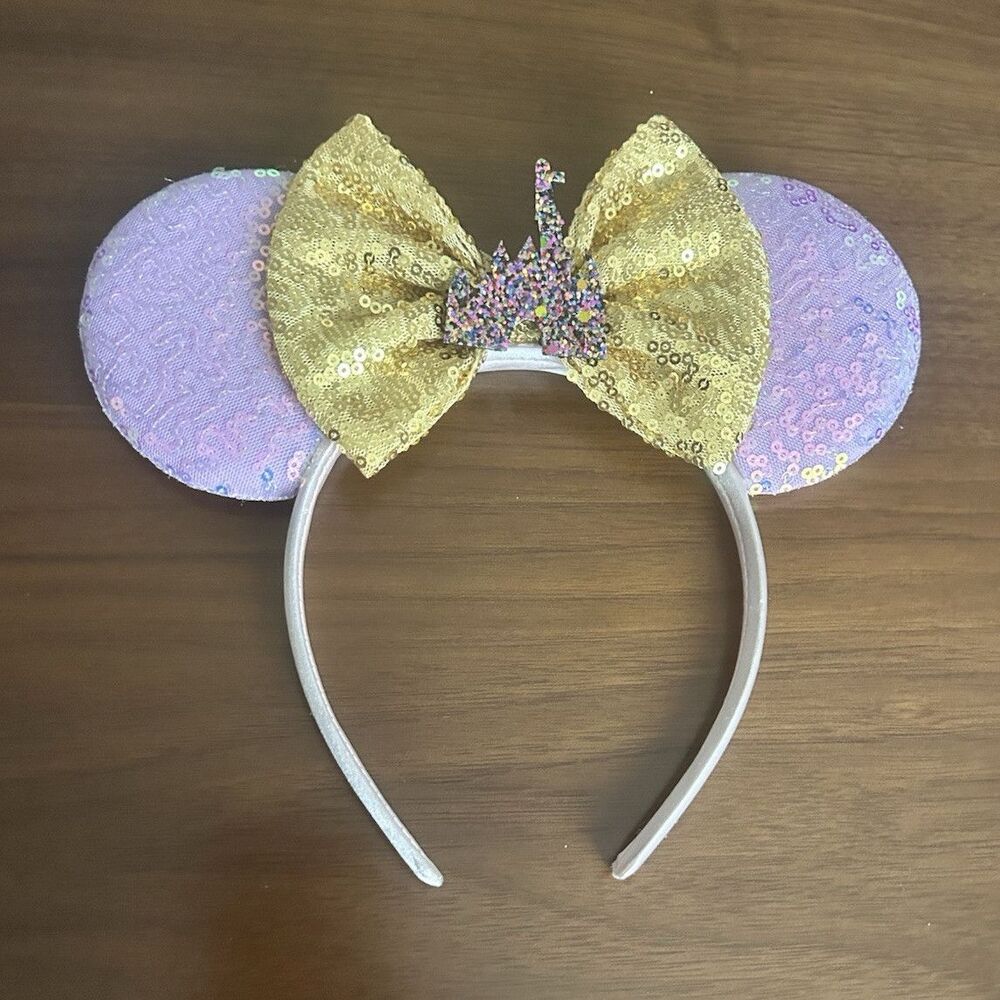Purple/Gold Sequined Mouse Ears Bow Headband Glitter Princess Theme Women